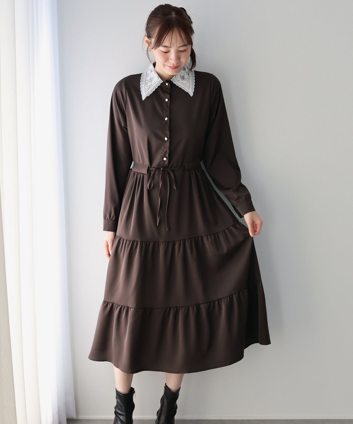 【早割5％OFF】《選べる着丈》レースカラーティアードワンピース