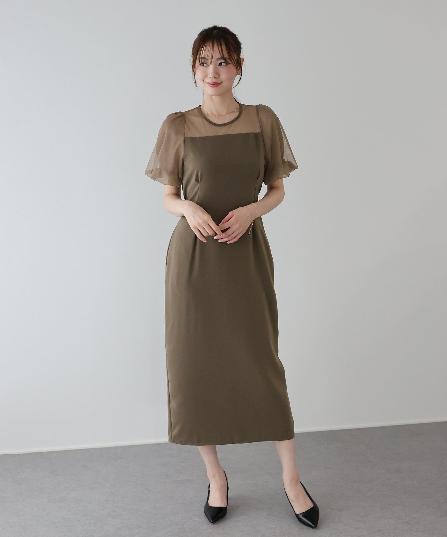 バルーンスリーブ オーガンジー袖&ジャガード＆ベロアワンピース
