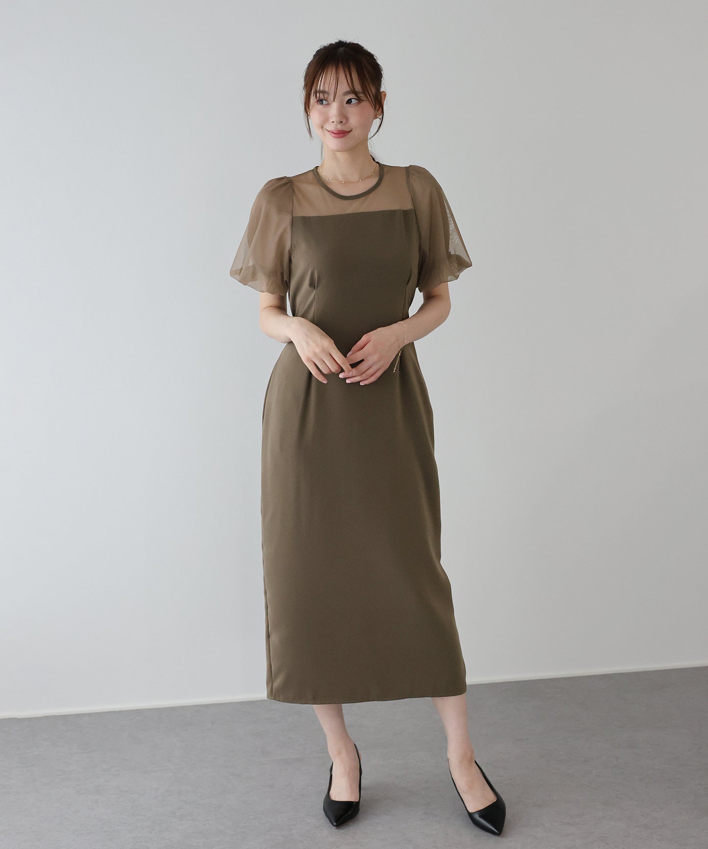 バルーンスリーブ オーガンジー袖&ジャガード＆ベロアワンピース