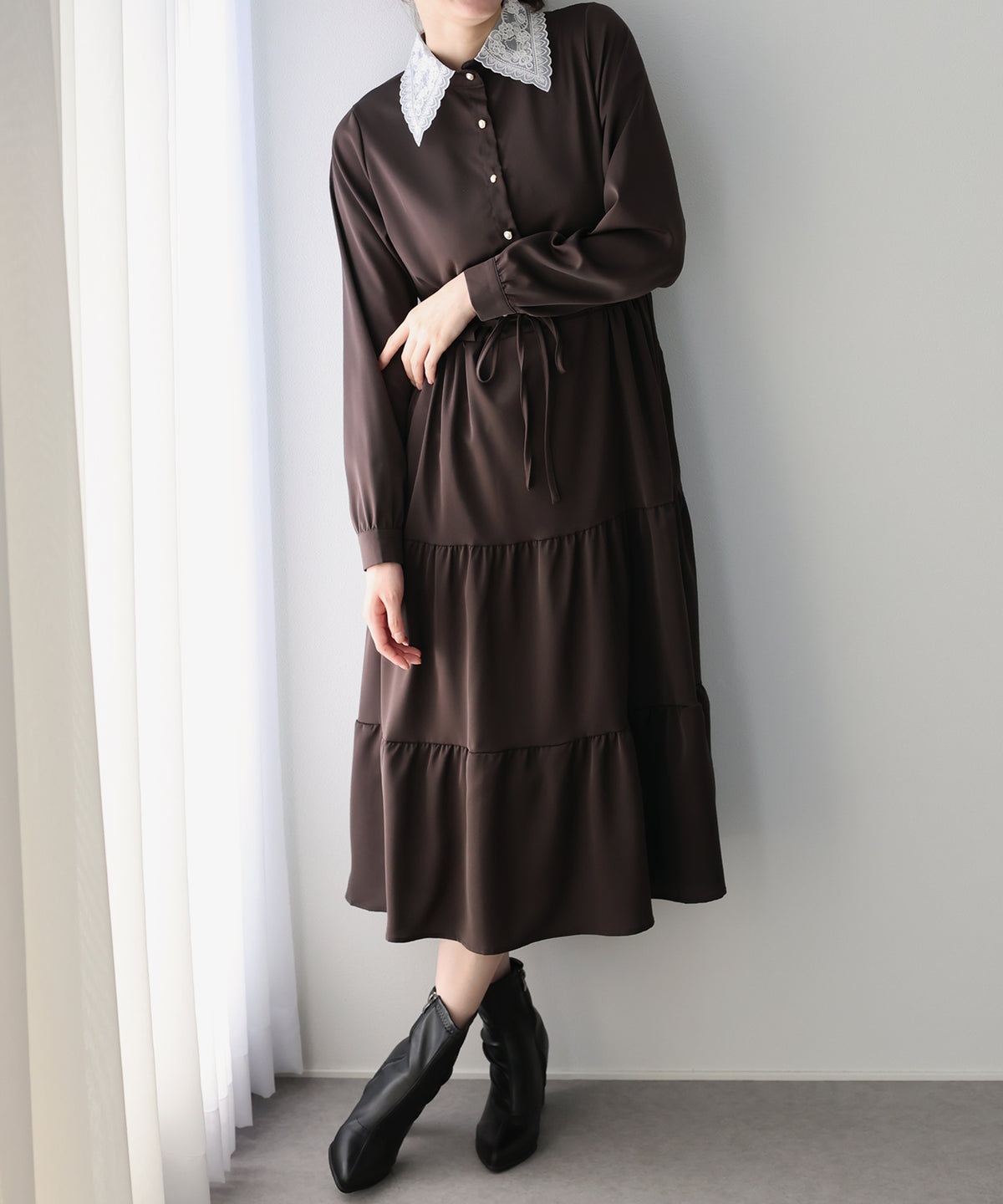 【早割5％OFF】《選べる着丈》レースカラーティアードワンピース