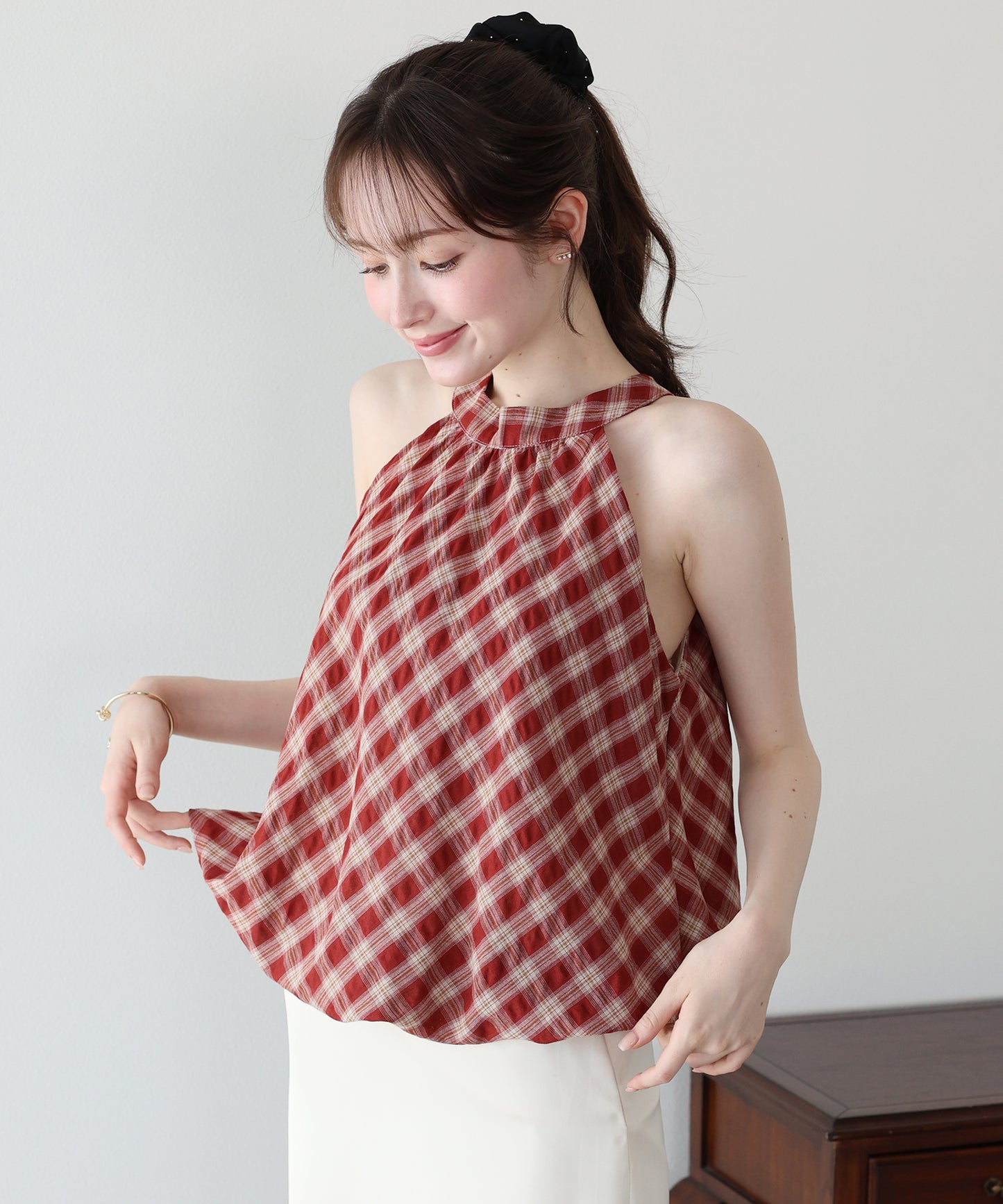 【早割5％OFF】ホルターネックチェックブラウス【メール便】