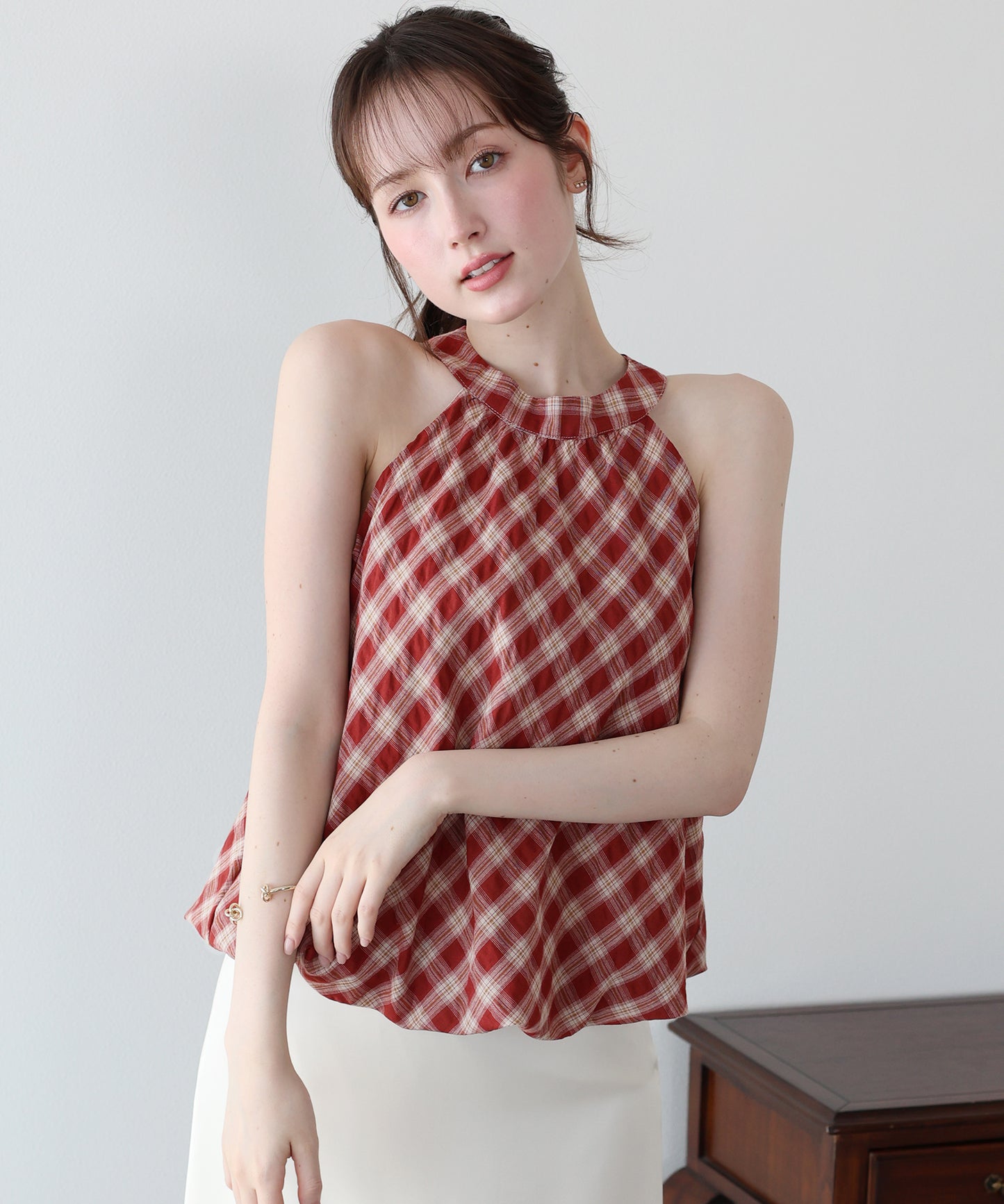 【早割5％OFF】ホルターネックチェックブラウス【メール便】