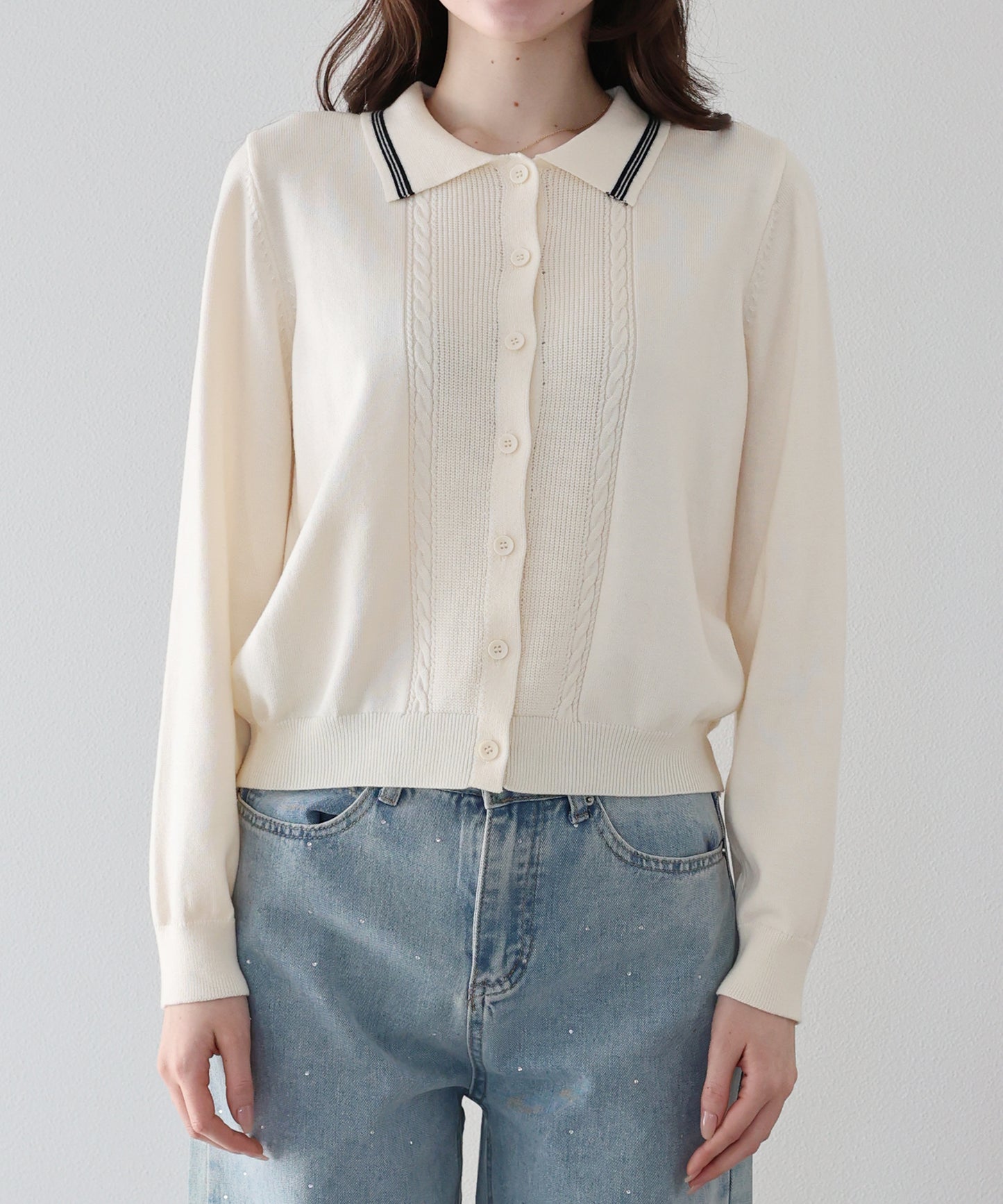 【早割5％OFF】ポロ襟ケーブルニットカーディガン