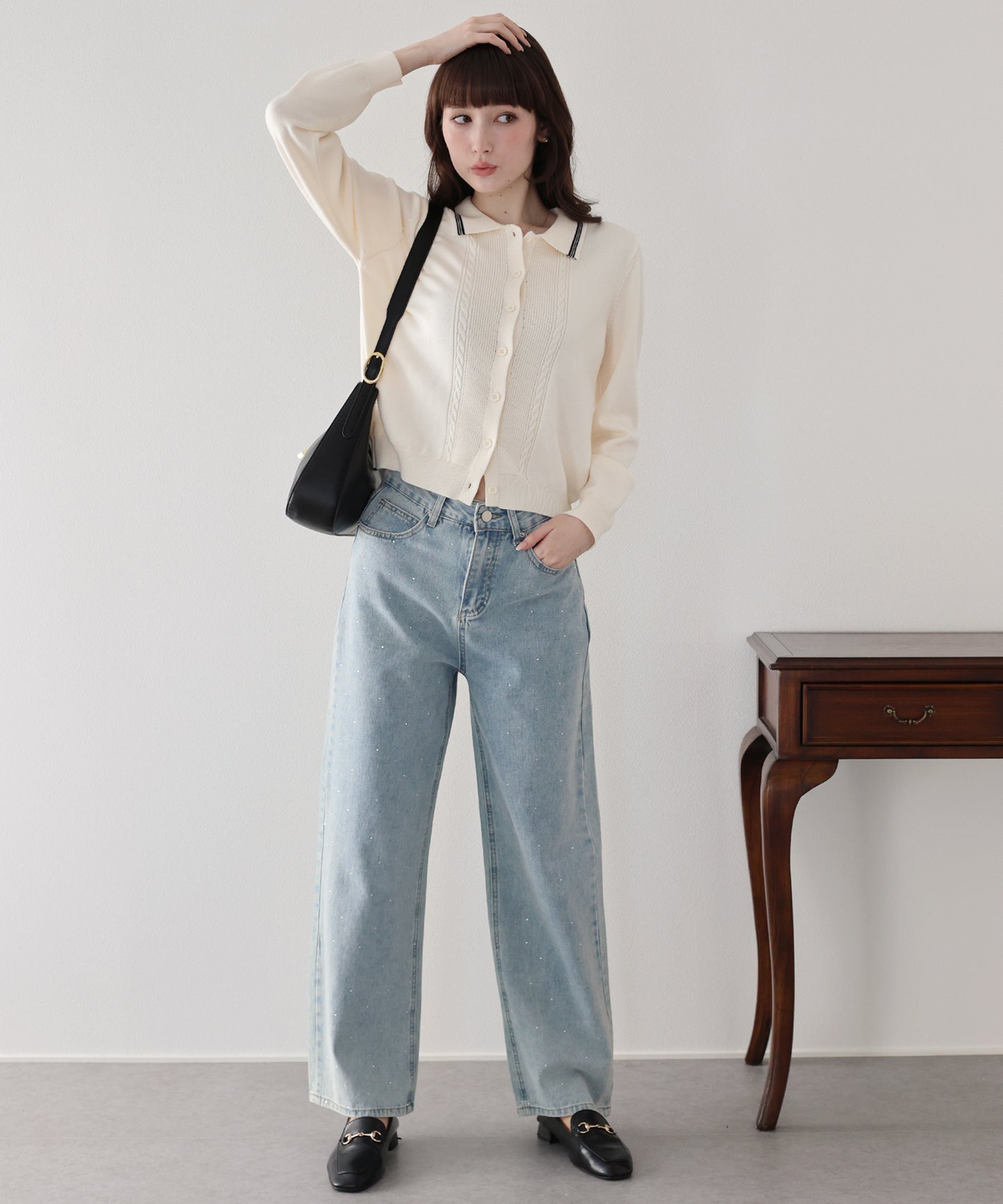 【早割5％OFF】ポロ襟ケーブルニットカーディガン