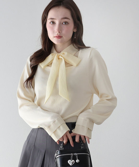 リボン付きシアーシャツドッキングスクエアニット