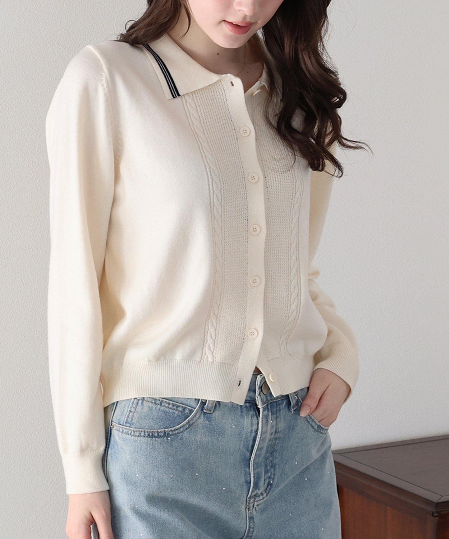 【早割5％OFF】ポロ襟ケーブルニットカーディガン