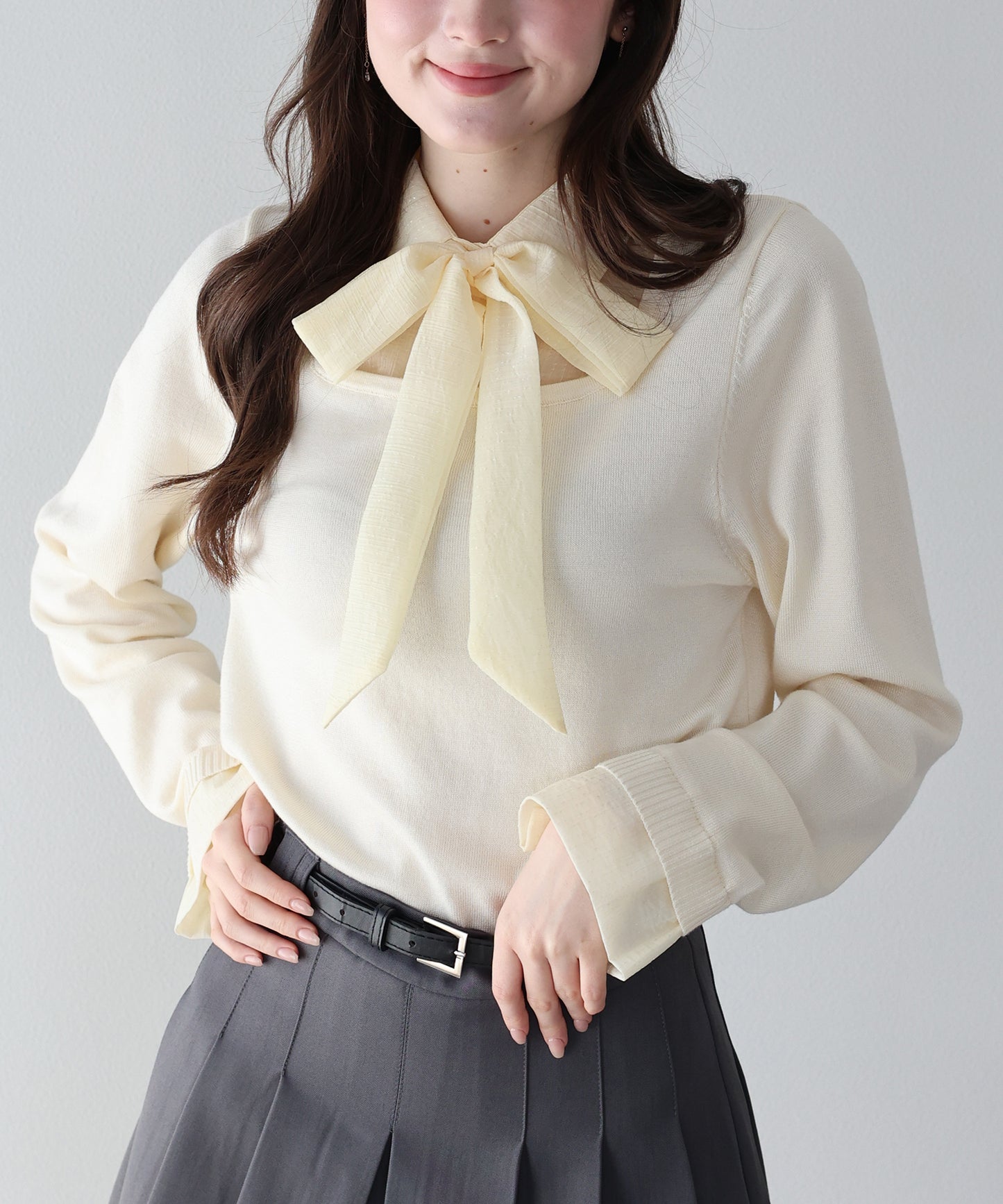 リボン付きシアーシャツドッキングスクエアニット