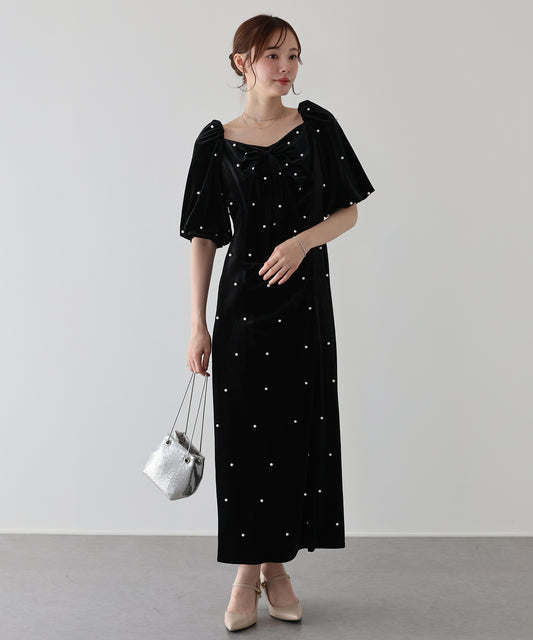 【早割5％OFF】《2サイズ展開》リボンパールベロアドレス