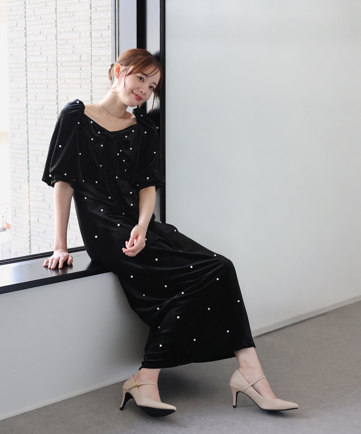 【早割5％OFF】《2サイズ展開》リボンパールベロアドレス