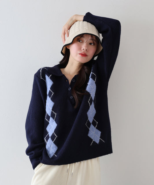 アーガイル衿付ニット