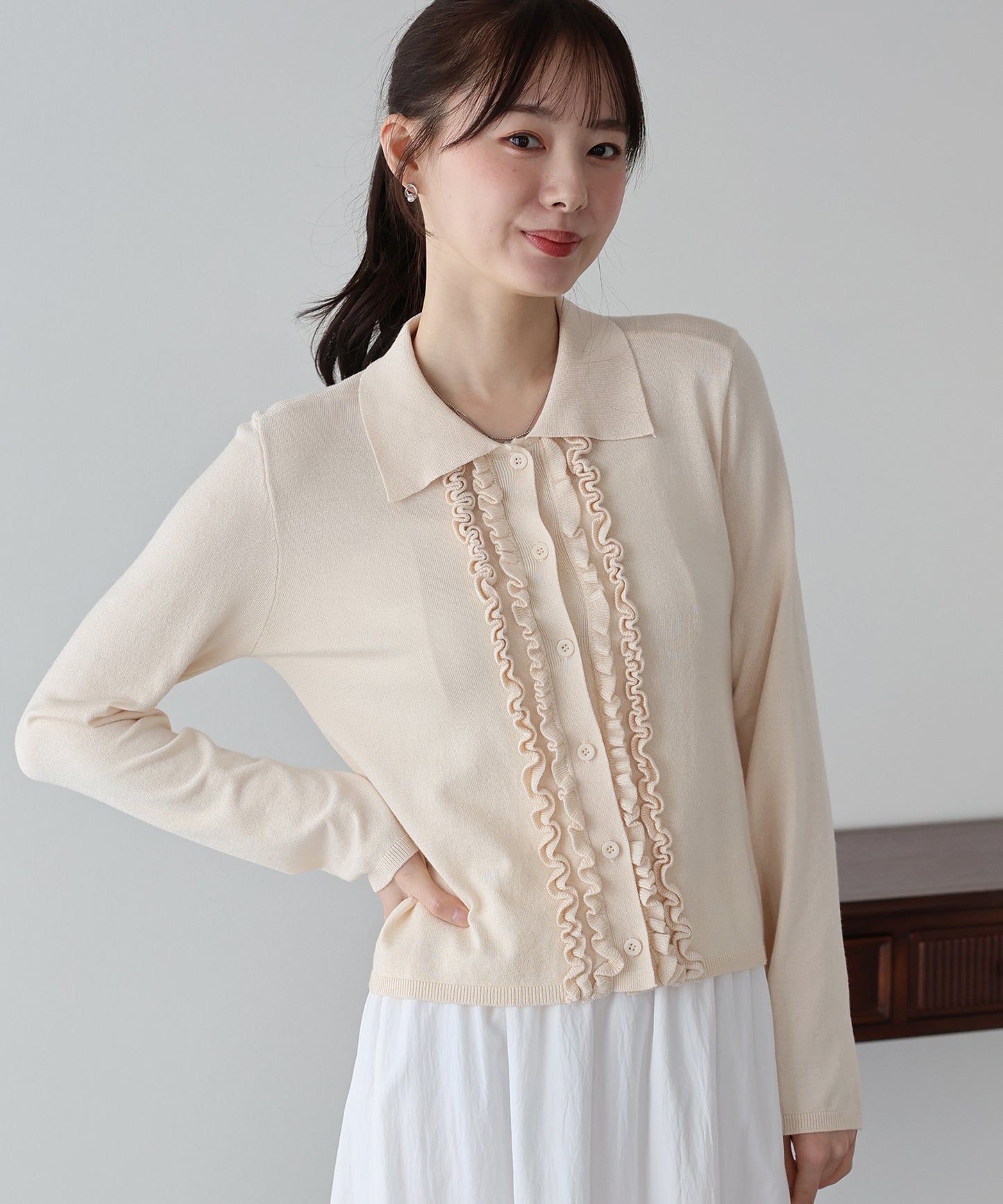 【早割5％OFF】フロントフリルポロカーディガン