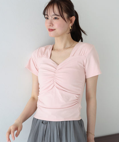 【TIME SALE】半袖ハートネックギャザーTシャツ【ネコポス】