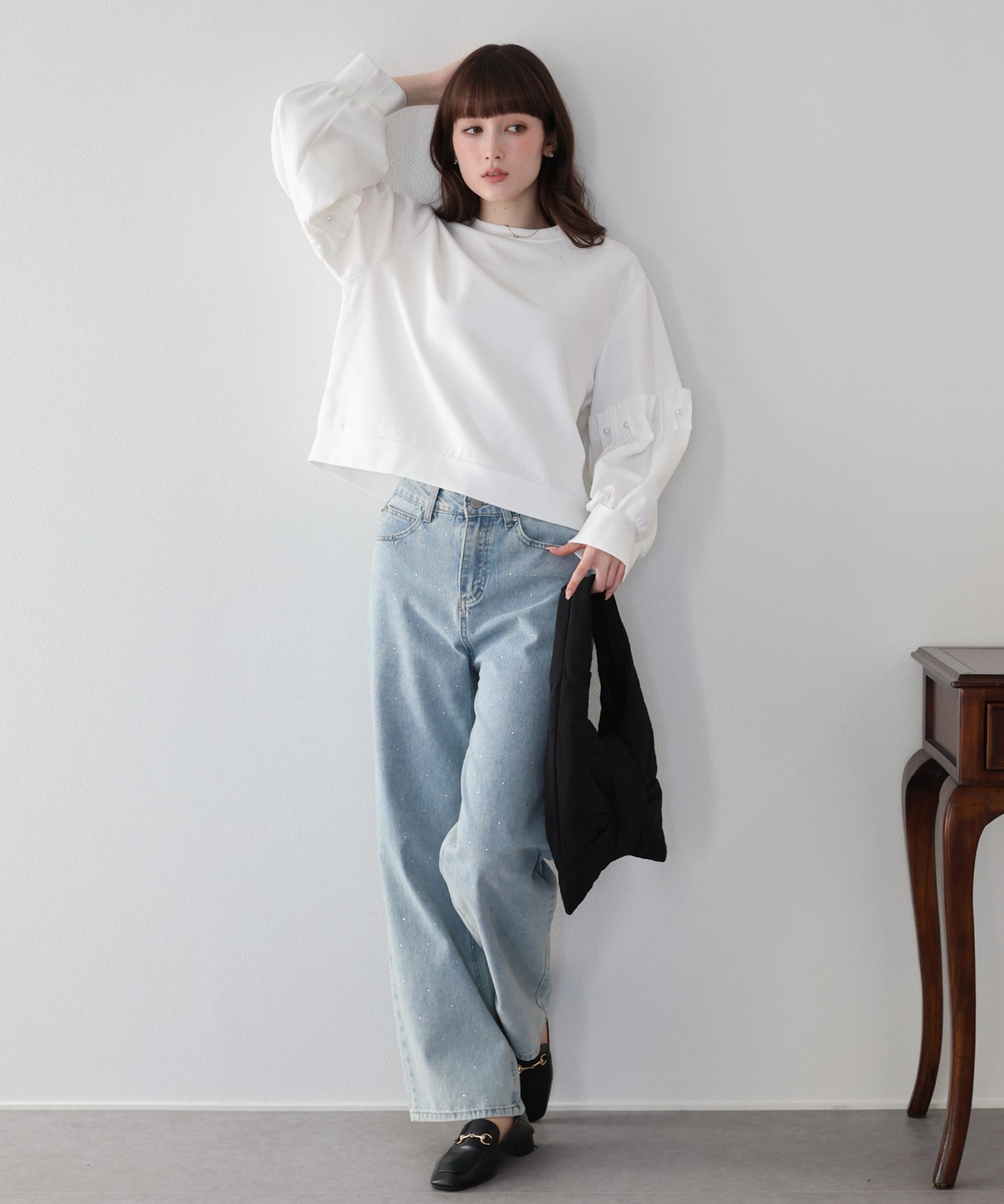 【早割5％OFF】ギャザースリーブパールスウェット