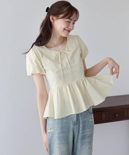 【早割5％OFF】フロントリボンペプラムブラウス【ネコポス】