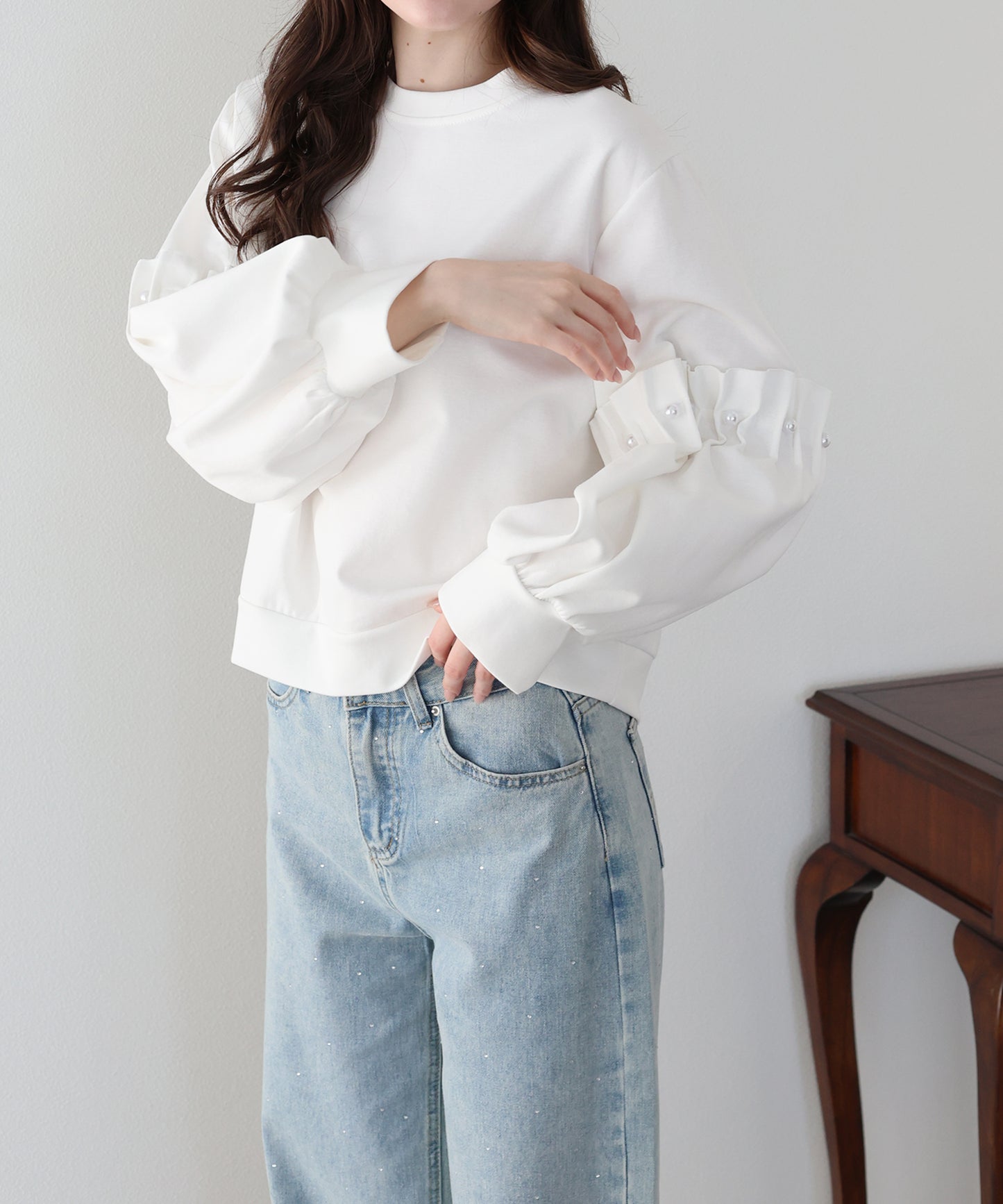 【早割5％OFF】ギャザースリーブパールスウェット