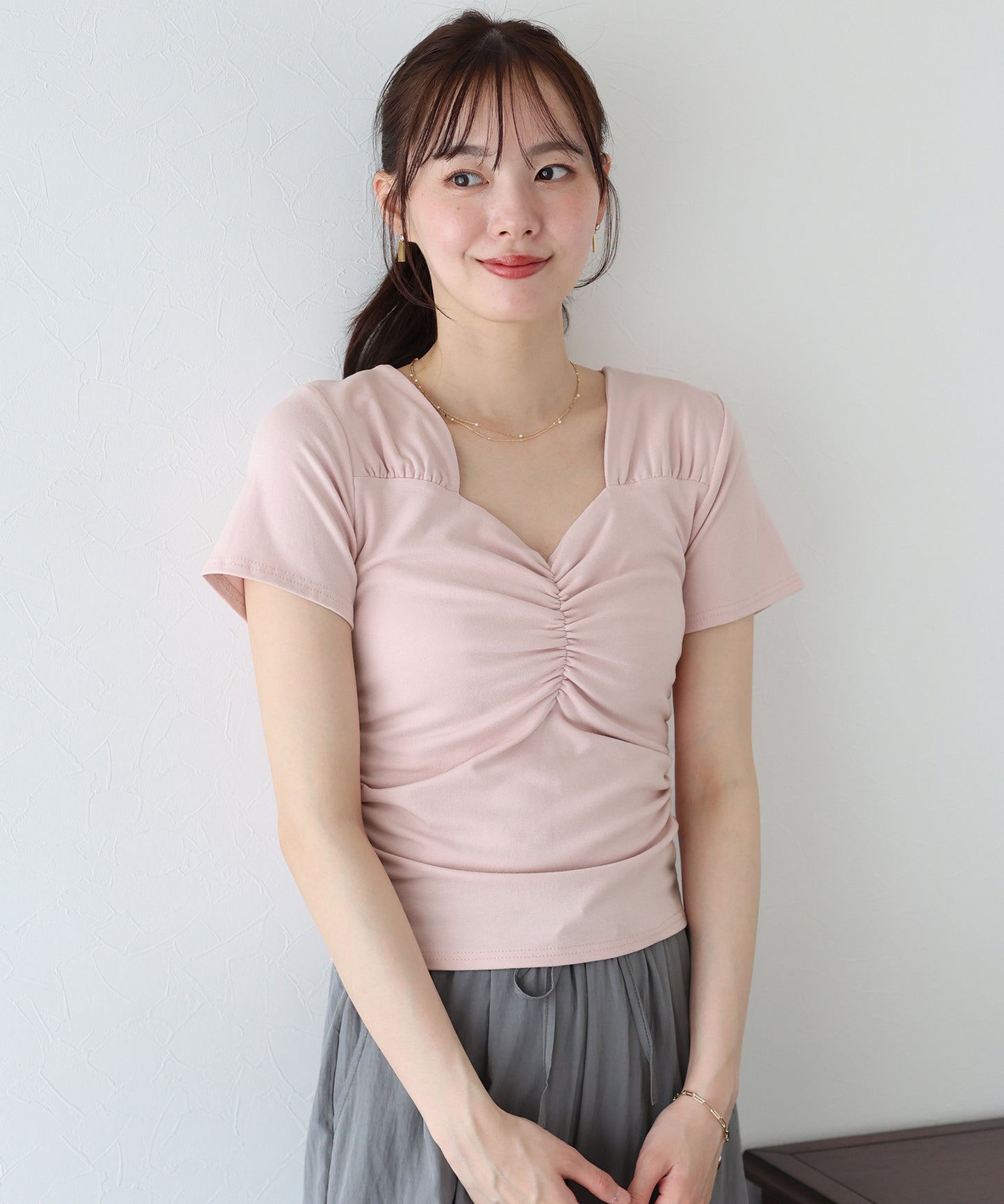 半袖ハートネックギャザーTシャツ【ネコポス】