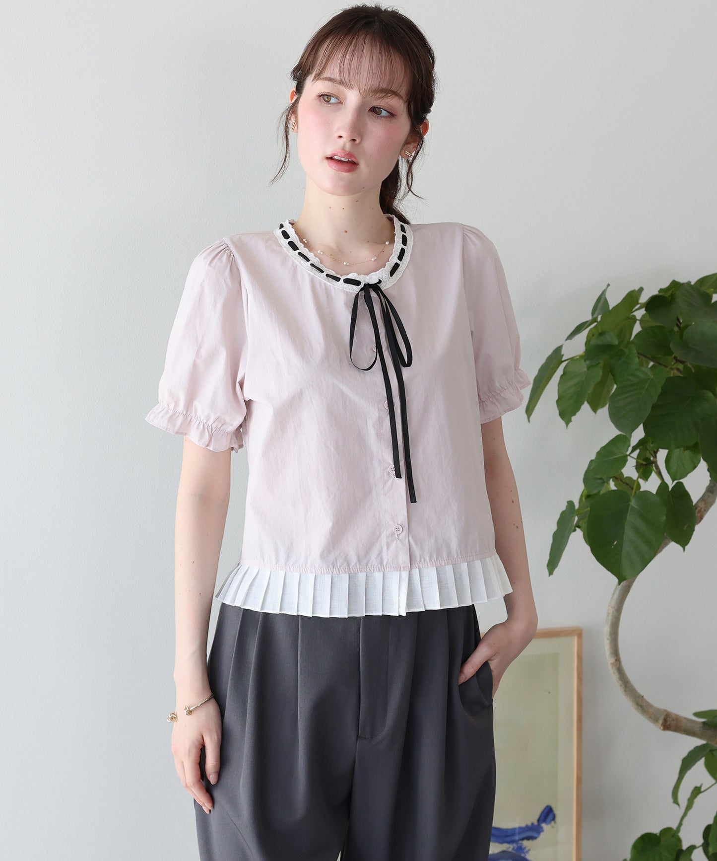 【早割5％OFF】バイカラーリボンブラウス【メール便】