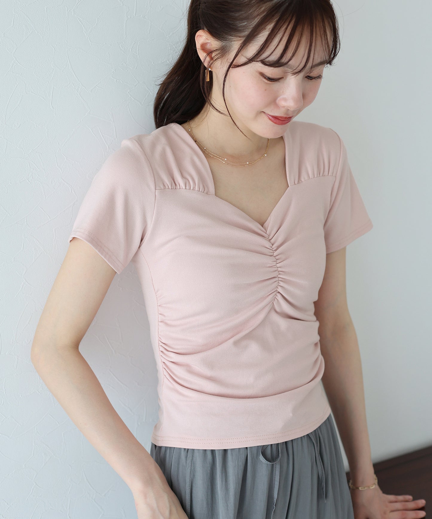 半袖ハートネックギャザーTシャツ【ネコポス】