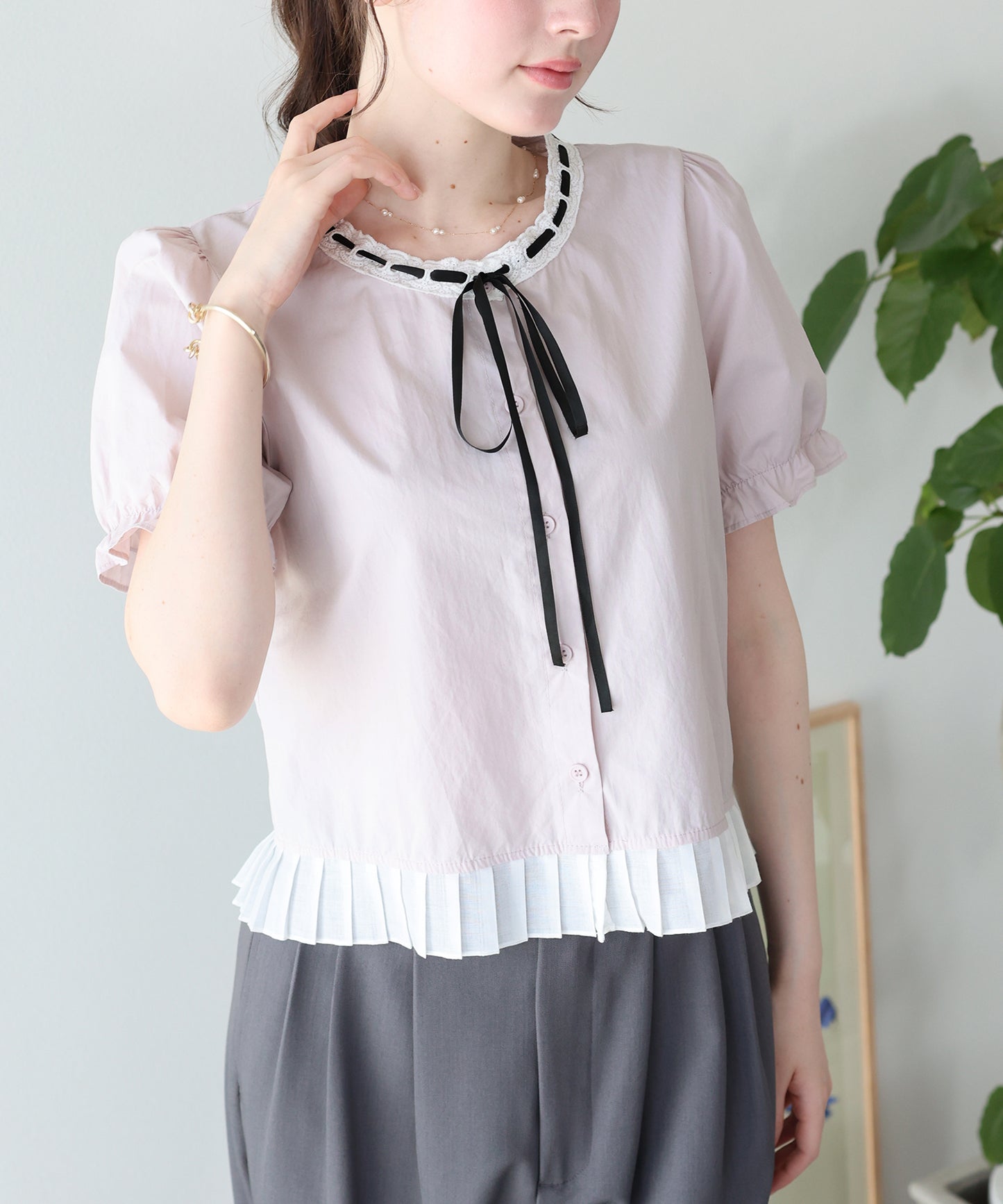 【早割5％OFF】バイカラーリボンブラウス【メール便】