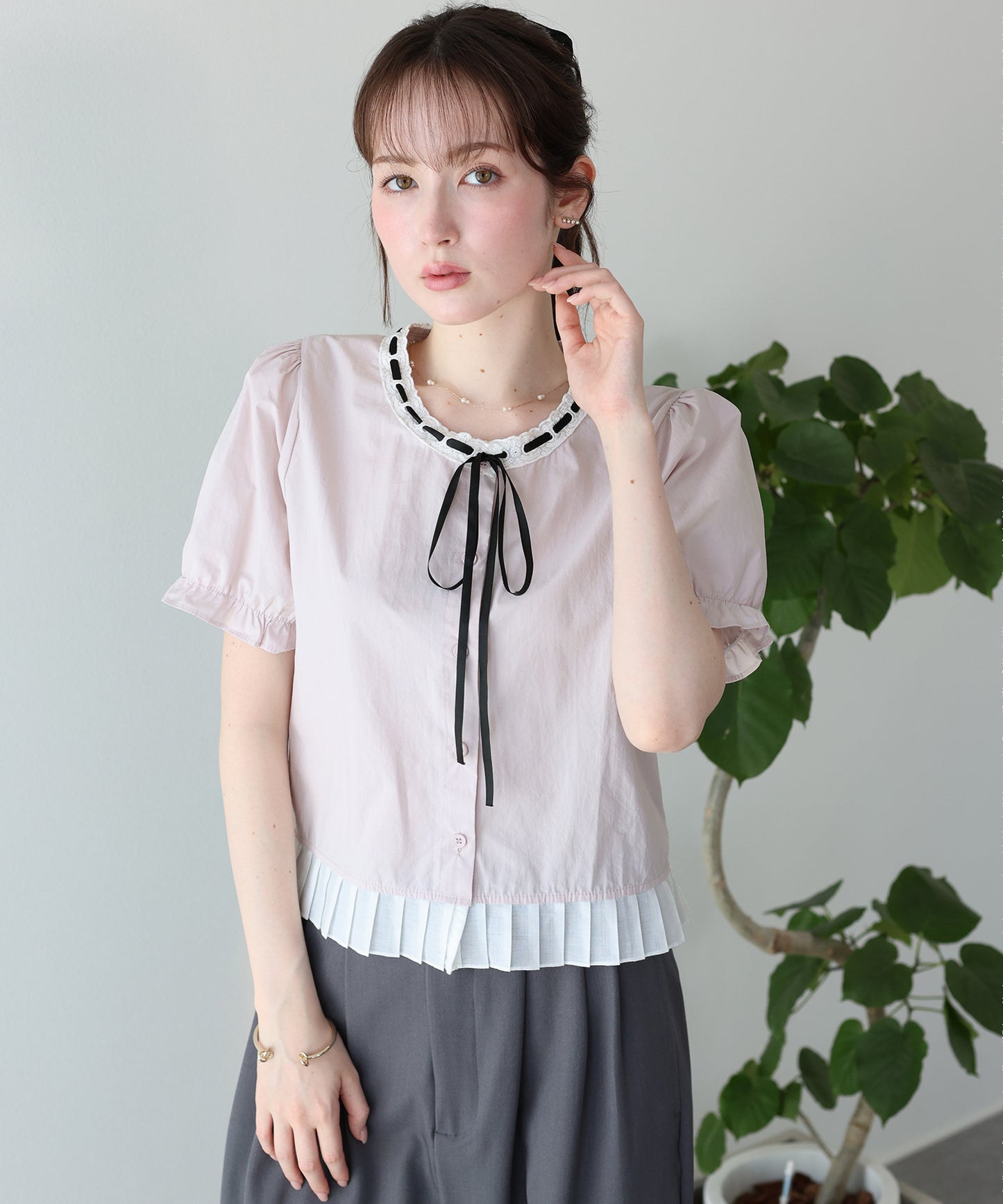 【早割5％OFF】バイカラーリボンブラウス【メール便】