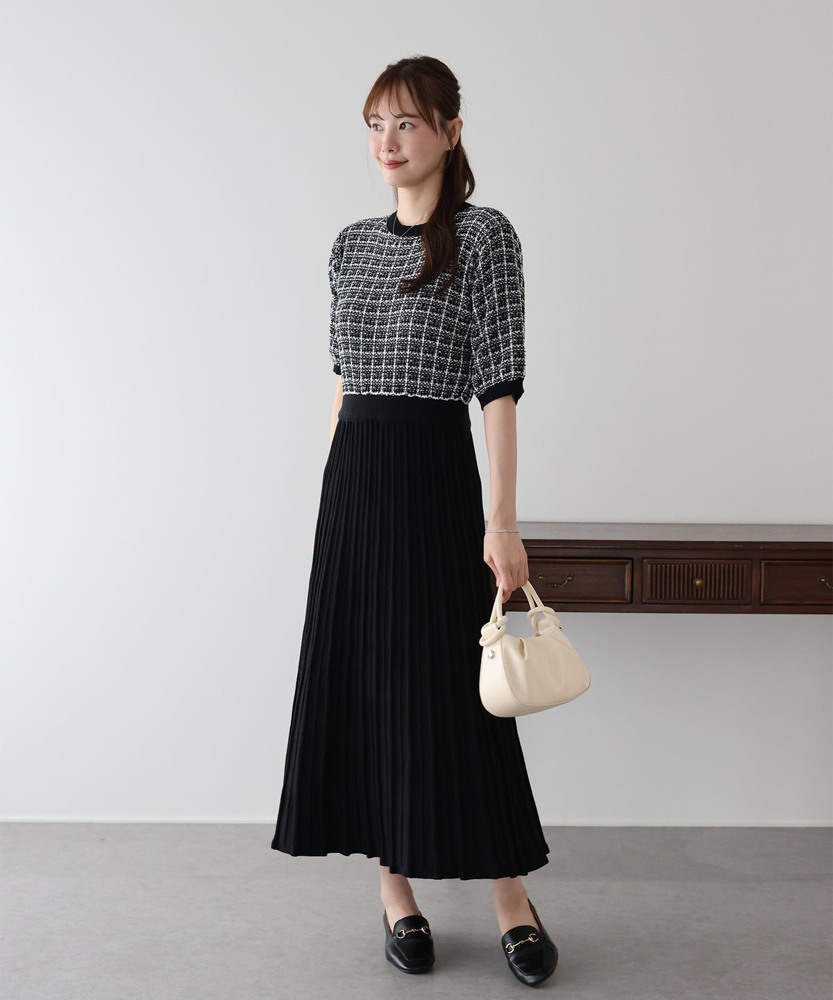 【早割5％OFF】ツイードドッキングニットワンピース