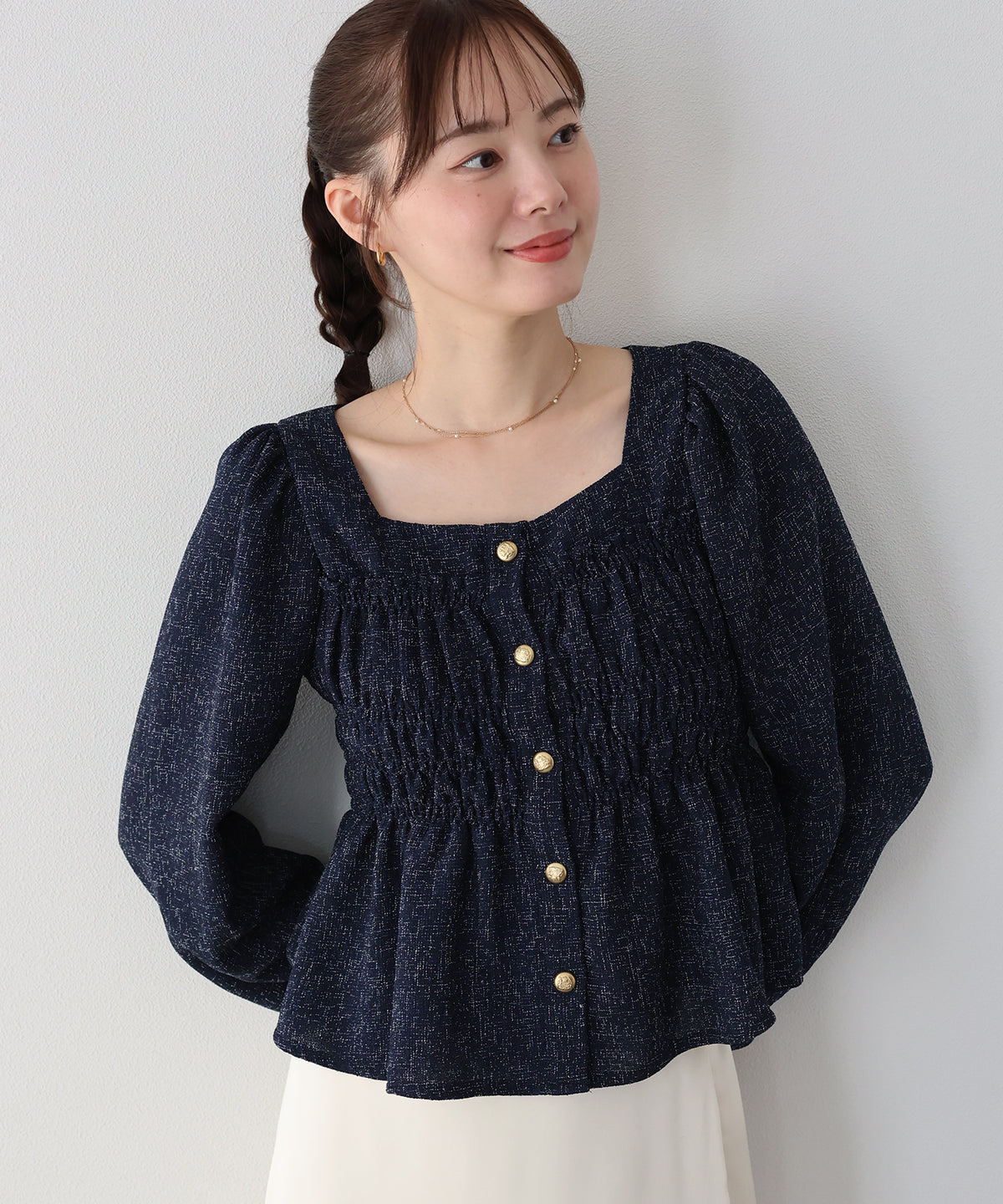 【早割5％OFF】《2サイズ展開》ツイードペプラムブラウス