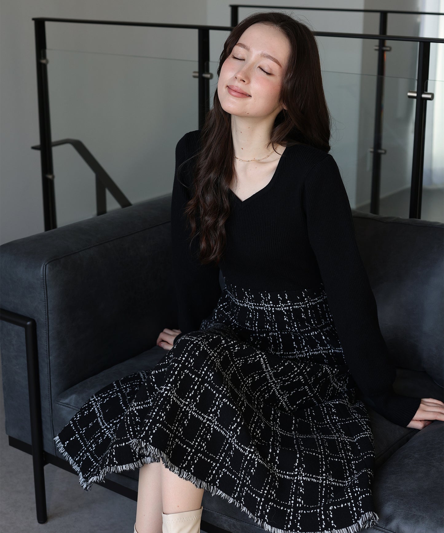 選べる2丈・チェックジャガードニットワンピース