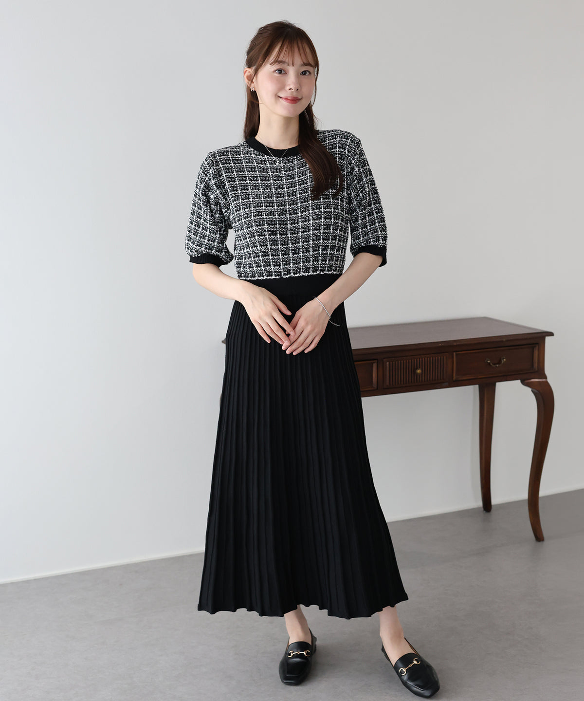【早割5％OFF】ツイードドッキングニットワンピース