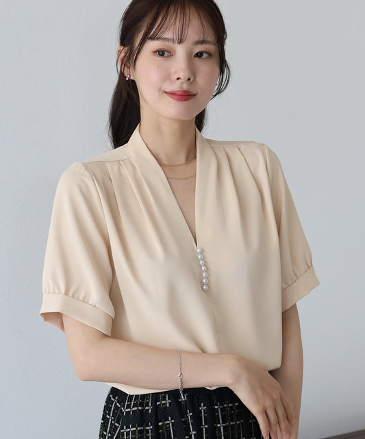【SALE】パールラインVネックブラウス【ネコポス】
