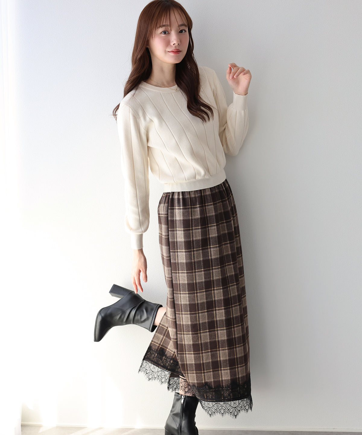 【早割5％OFF】レースヘムチェックタイトスカート