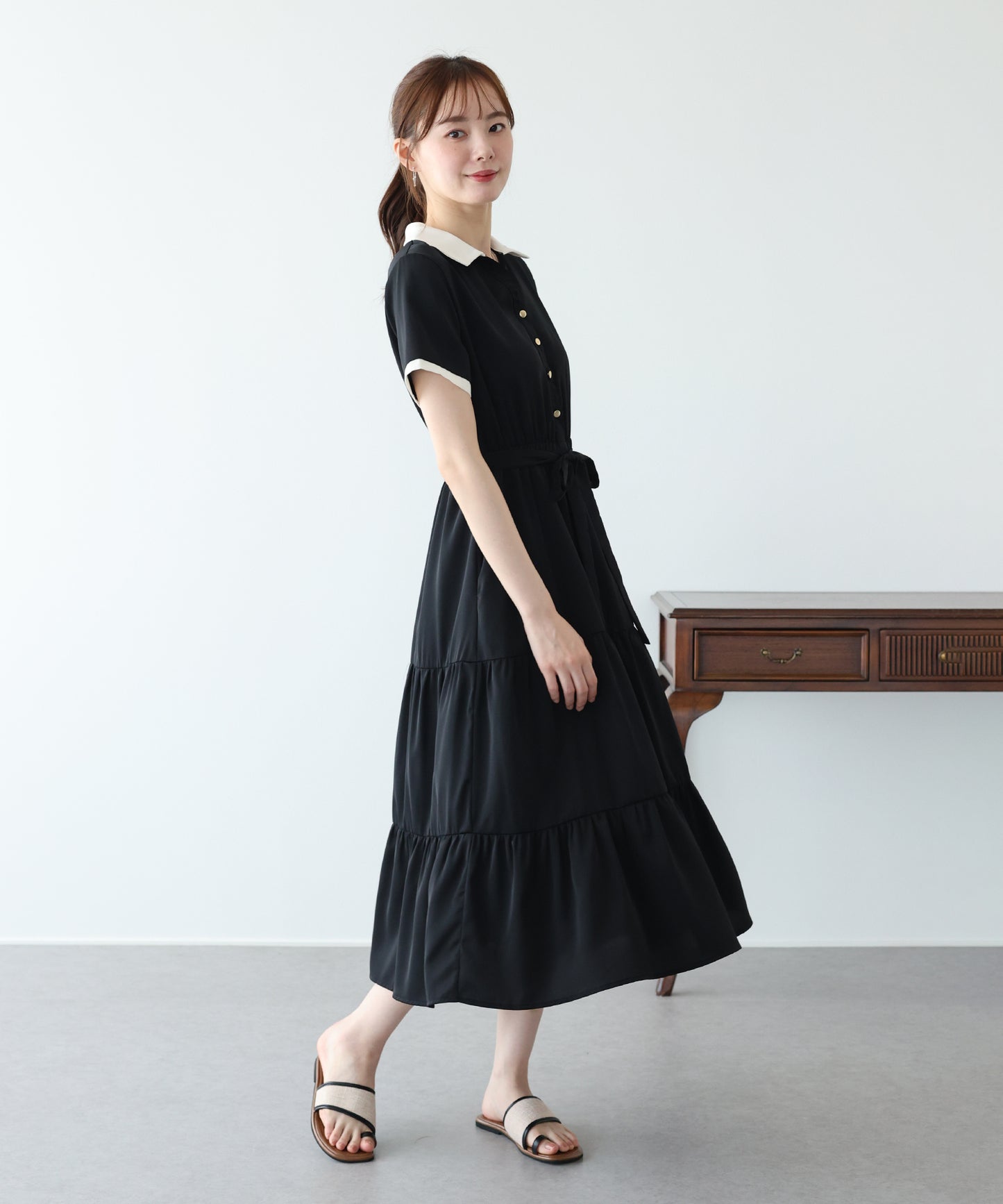 【早割5％OFF】バイカラースキッパーティアードワンピース