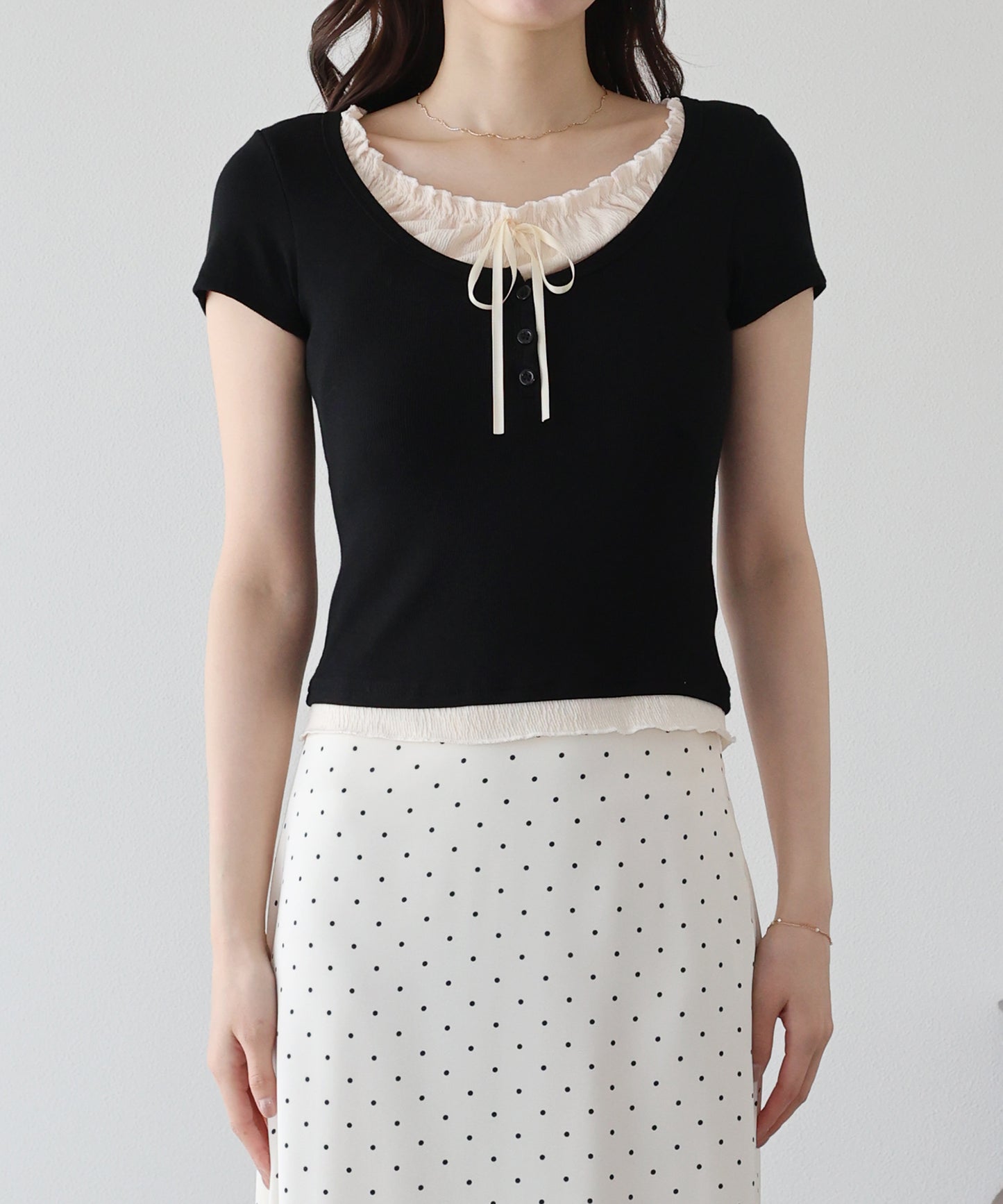 【早割5％OFF】ギャザーリボンレイヤードTシャツ【メール便】