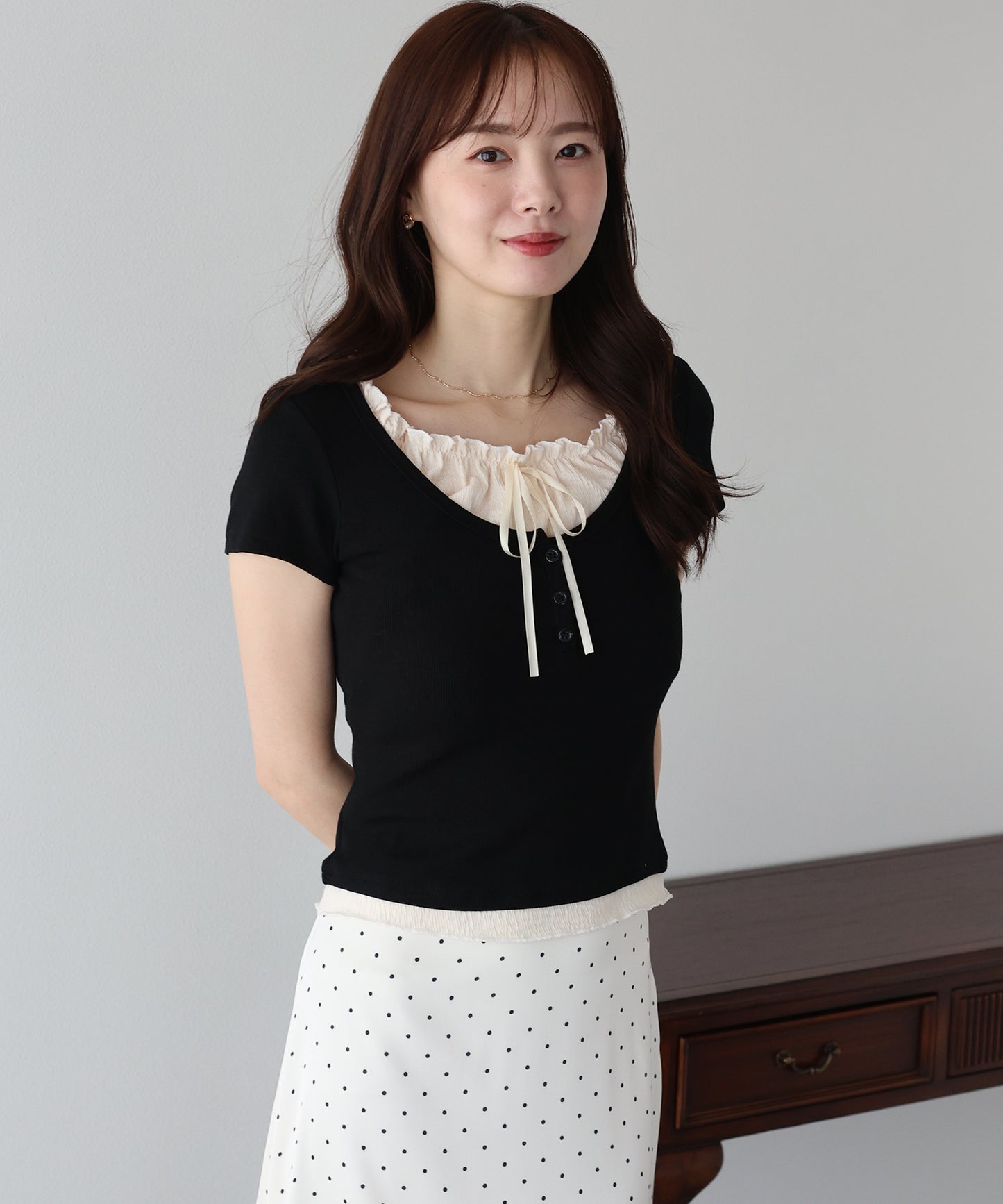 【早割5％OFF】ギャザーリボンレイヤードTシャツ【メール便】