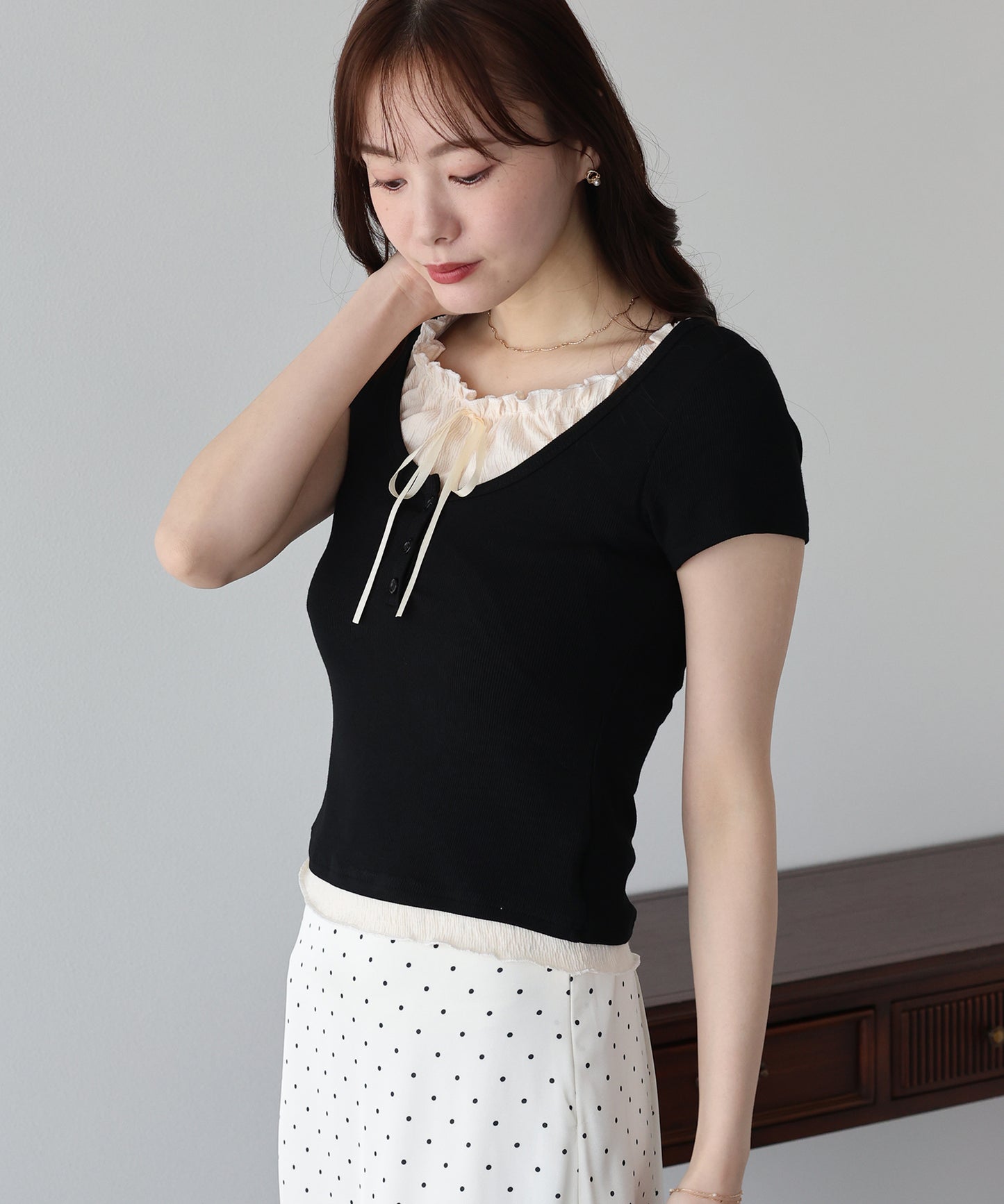 【早割5％OFF】ギャザーリボンレイヤードTシャツ【メール便】