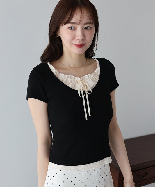 【早割5％OFF】ギャザーリボンレイヤードTシャツ【メール便】