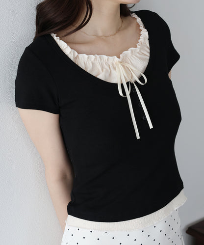 【早割5％OFF】ギャザーリボンレイヤードTシャツ【メール便】