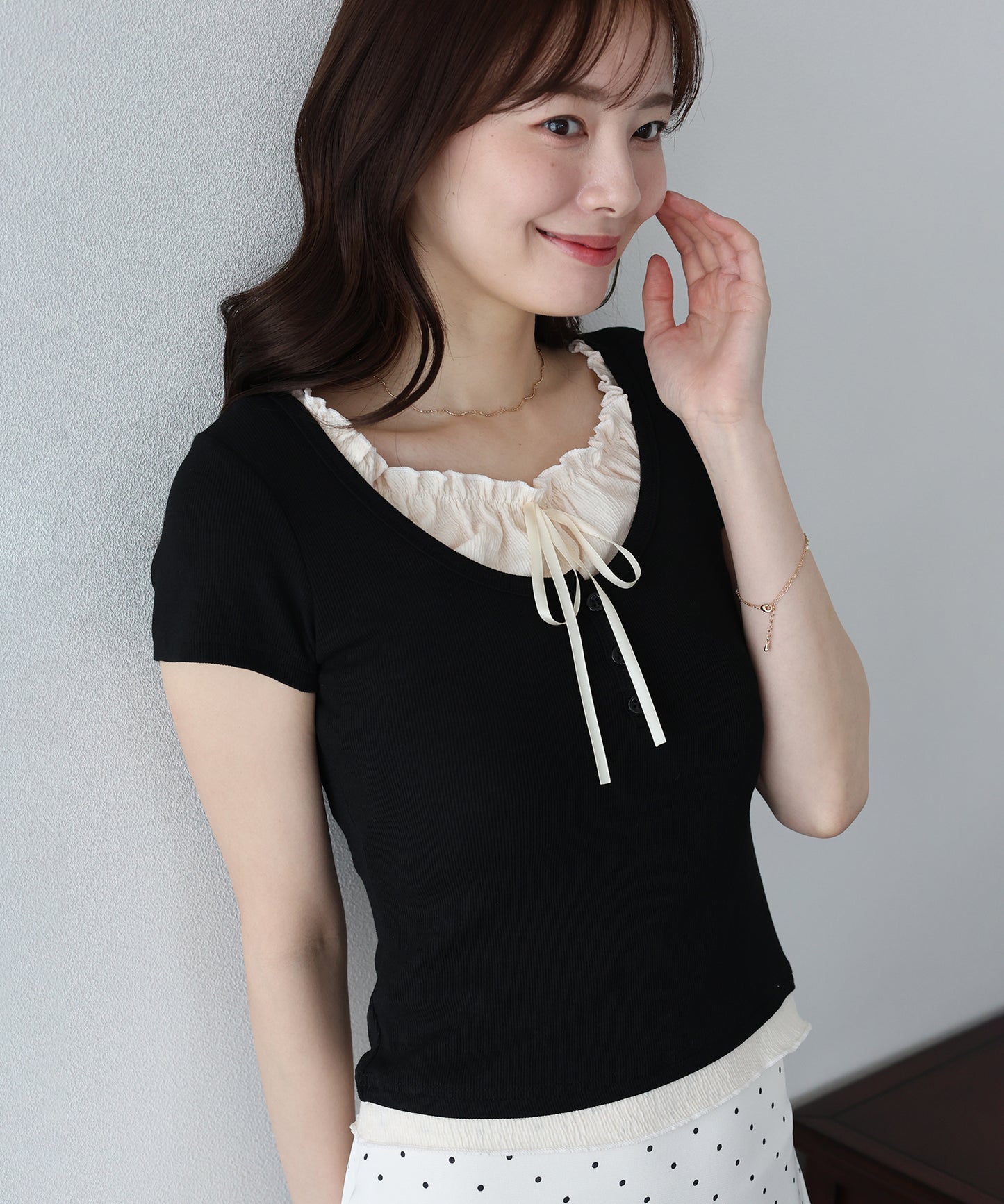 【早割5％OFF】ギャザーリボンレイヤードTシャツ【メール便】