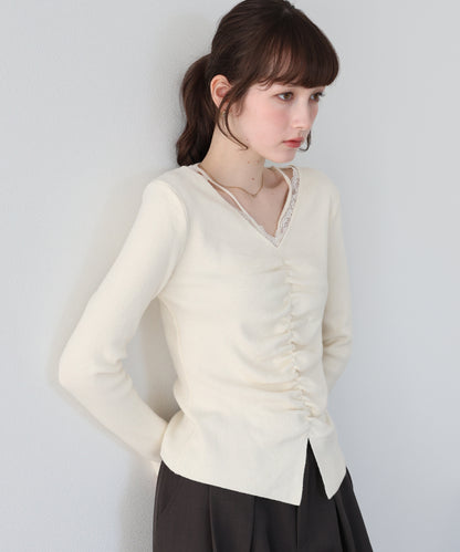 【早割5％OFF】フロントギャザーレースニット