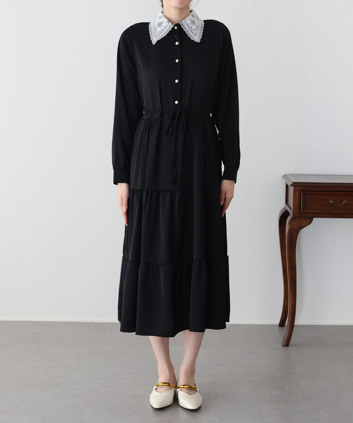 【早割5％OFF】《選べる着丈》レースカラーティアードワンピース