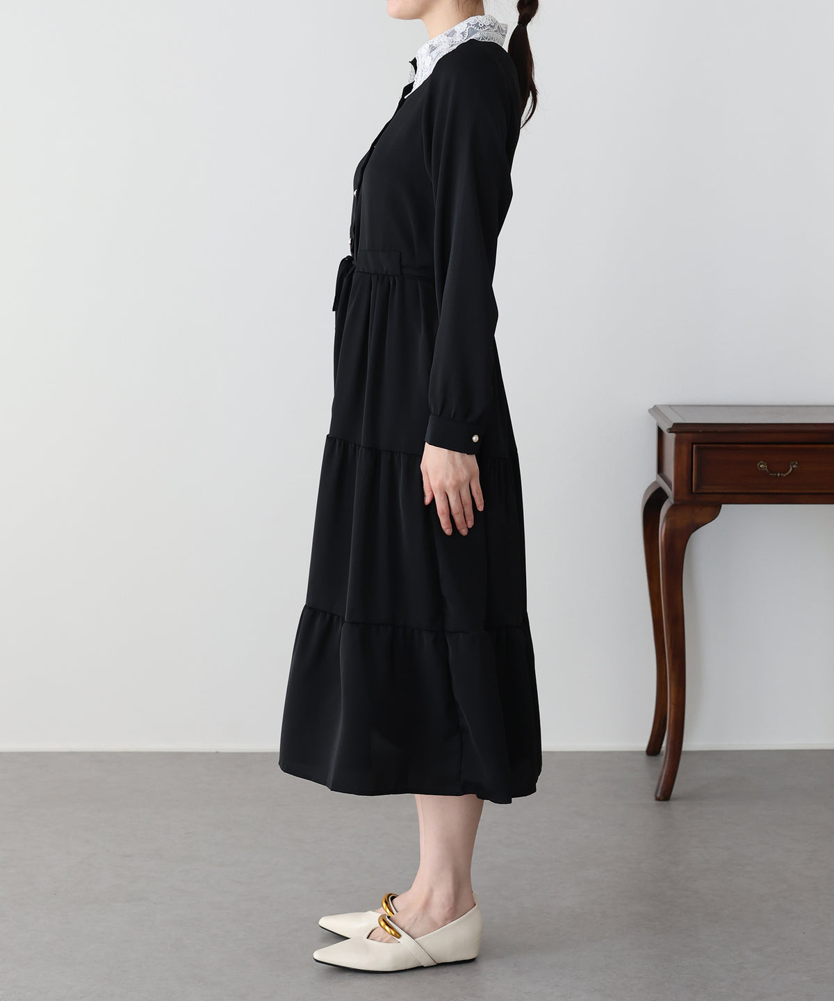 【早割5％OFF】《選べる着丈》レースカラーティアードワンピース