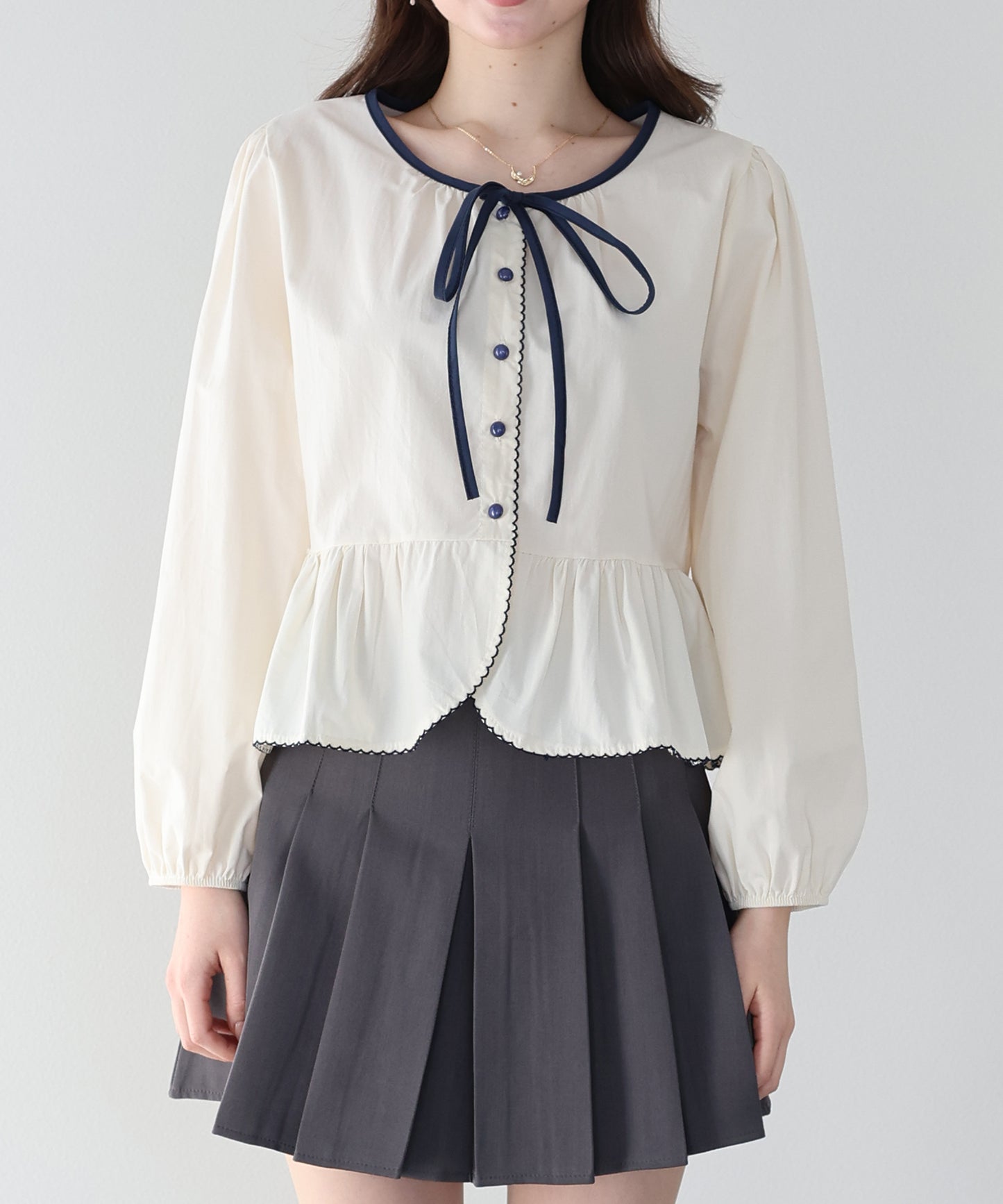 バイカラーリボンペプラムブラウス【ネコポス】