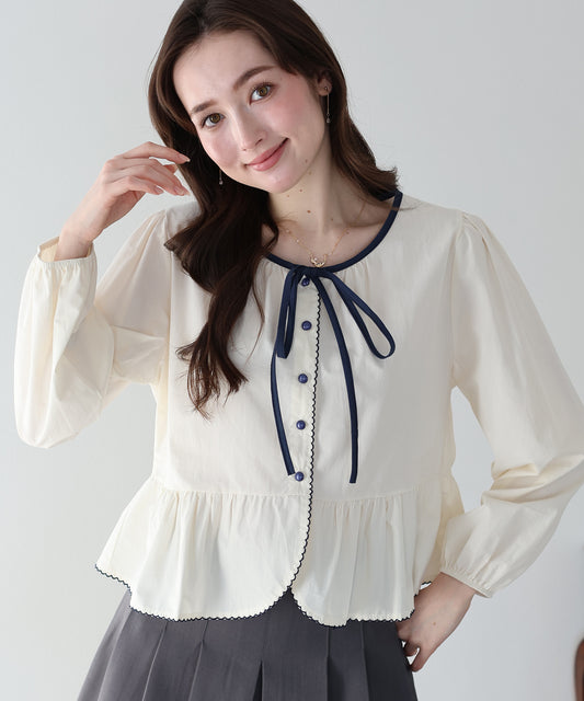 バイカラーリボンペプラムブラウス【ネコポス】