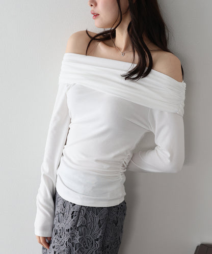 【早割5％OFF】ギャザーオフショルダーカットソー【ネコポス】