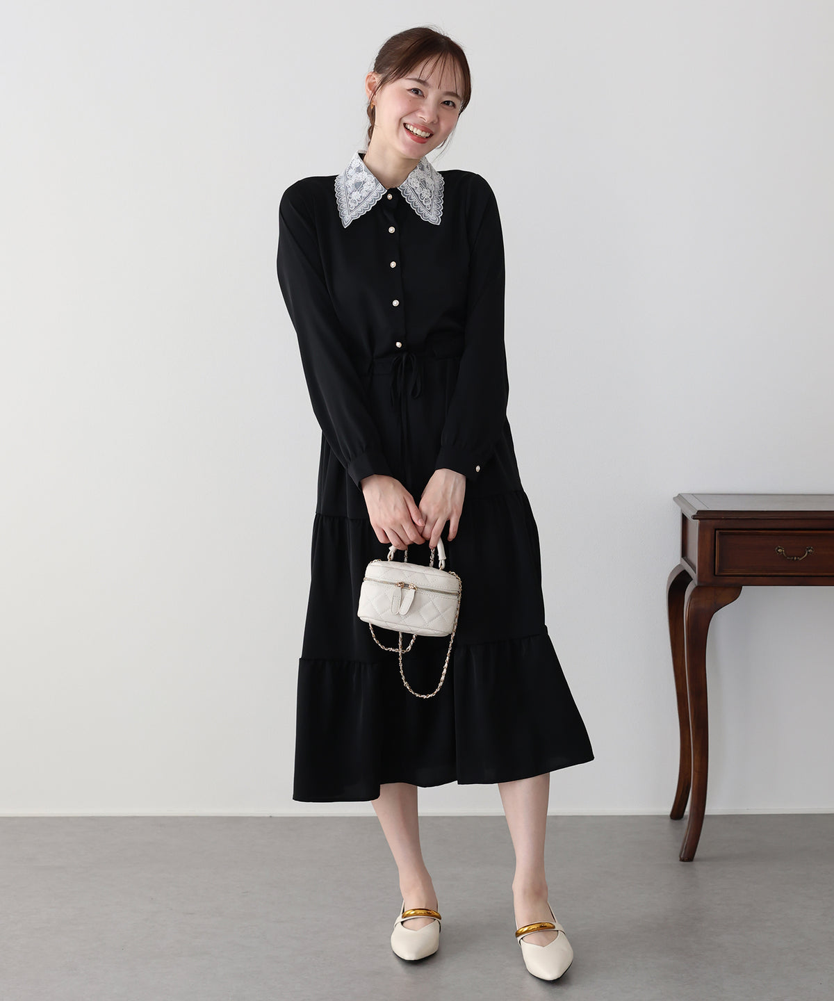【早割5％OFF】《選べる着丈》レースカラーティアードワンピース