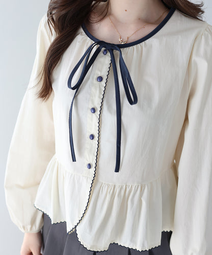 バイカラーリボンペプラムブラウス【ネコポス】