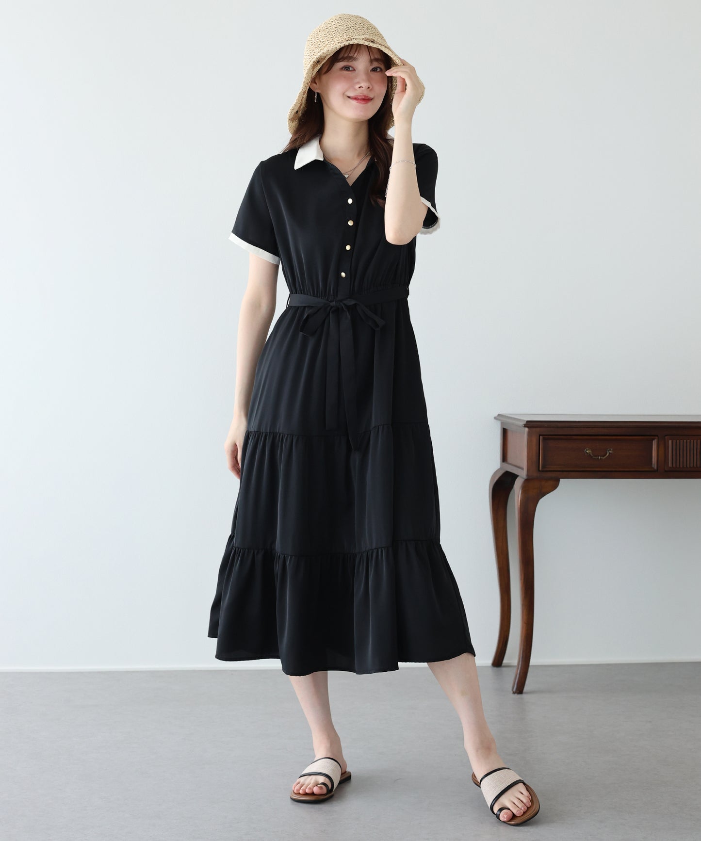 【早割5％OFF】バイカラースキッパーティアードワンピース