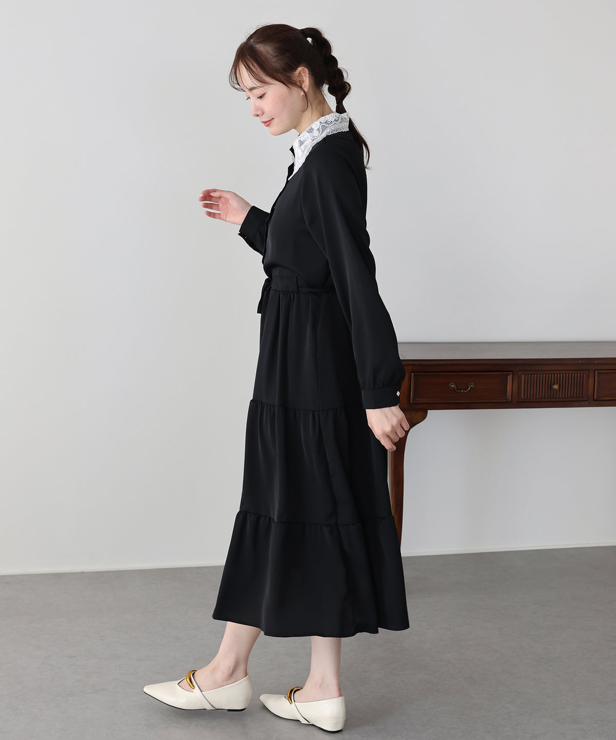 【早割5％OFF】《選べる着丈》レースカラーティアードワンピース