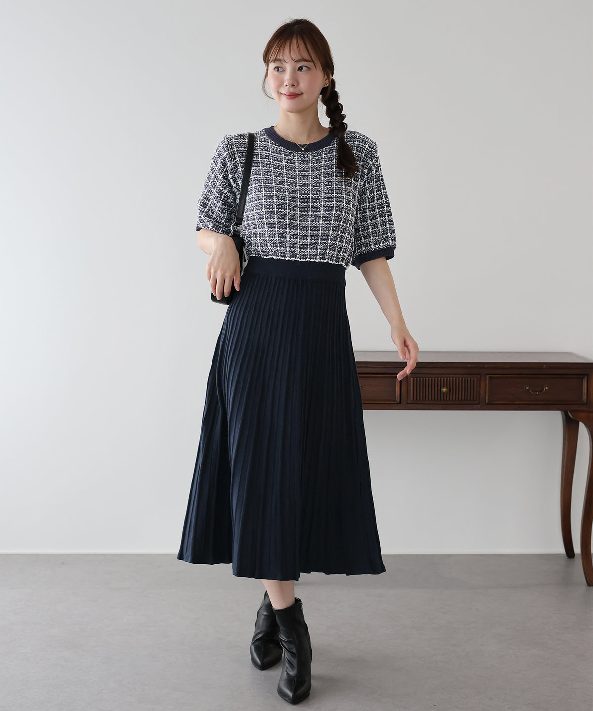 【早割5％OFF】ツイードドッキングニットワンピース