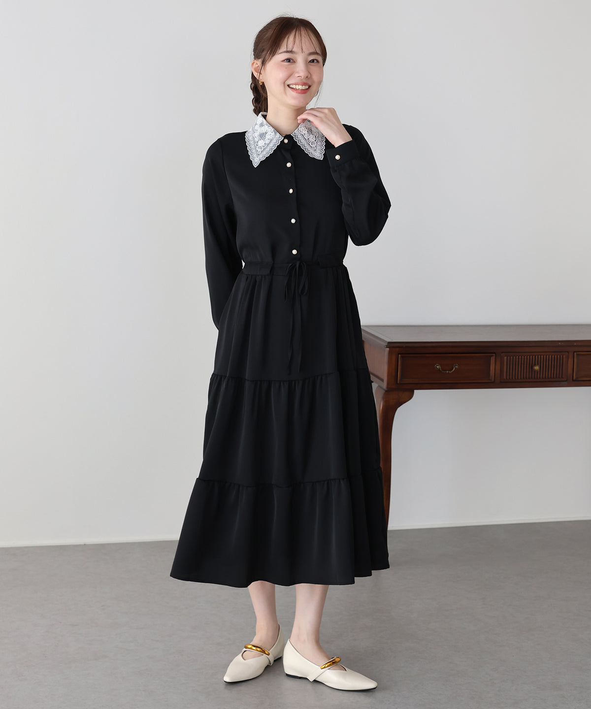 【早割5％OFF】《選べる着丈》レースカラーティアードワンピース