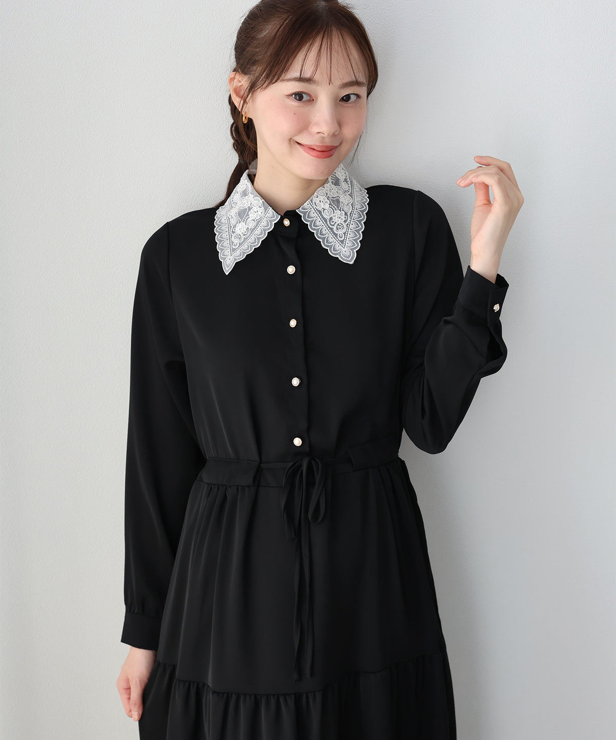 【早割5％OFF】《選べる着丈》レースカラーティアードワンピース